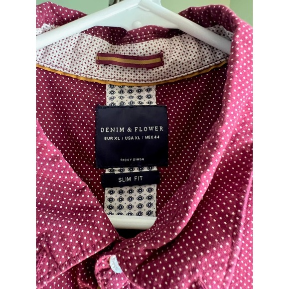 Denim & Flower Shirt Men's Maroon with White Dots Button Up Long Sleeve XL Slim - Picture 2 of 5